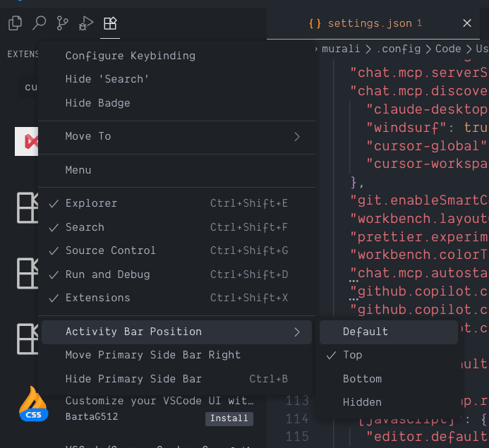 a screenshot of configuring activity bar